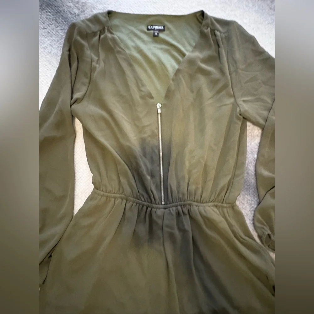 (B1) Express Olive Green Long‎ Sleeve Zip Front Romper | Sheer Sleeves | Boho XS